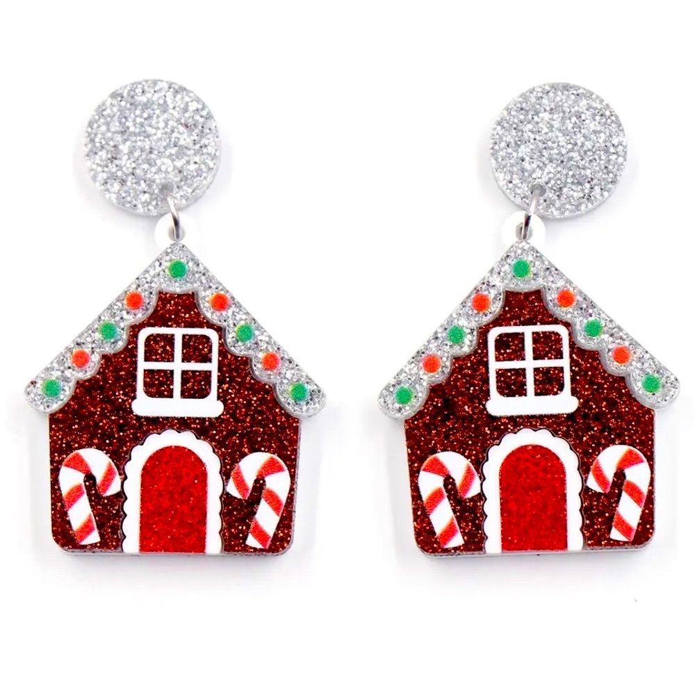 Glam Glitter Gingerbread House Earrings